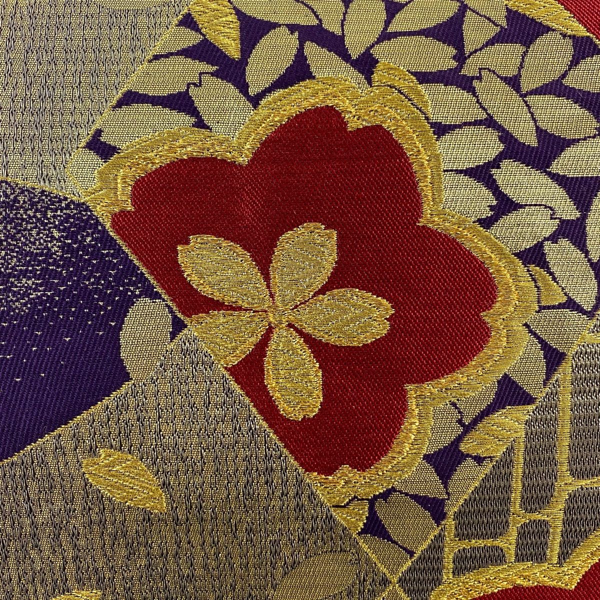 袋帯 秀品 桜 花びら 金銀糸 箔 紫 六通 正絹