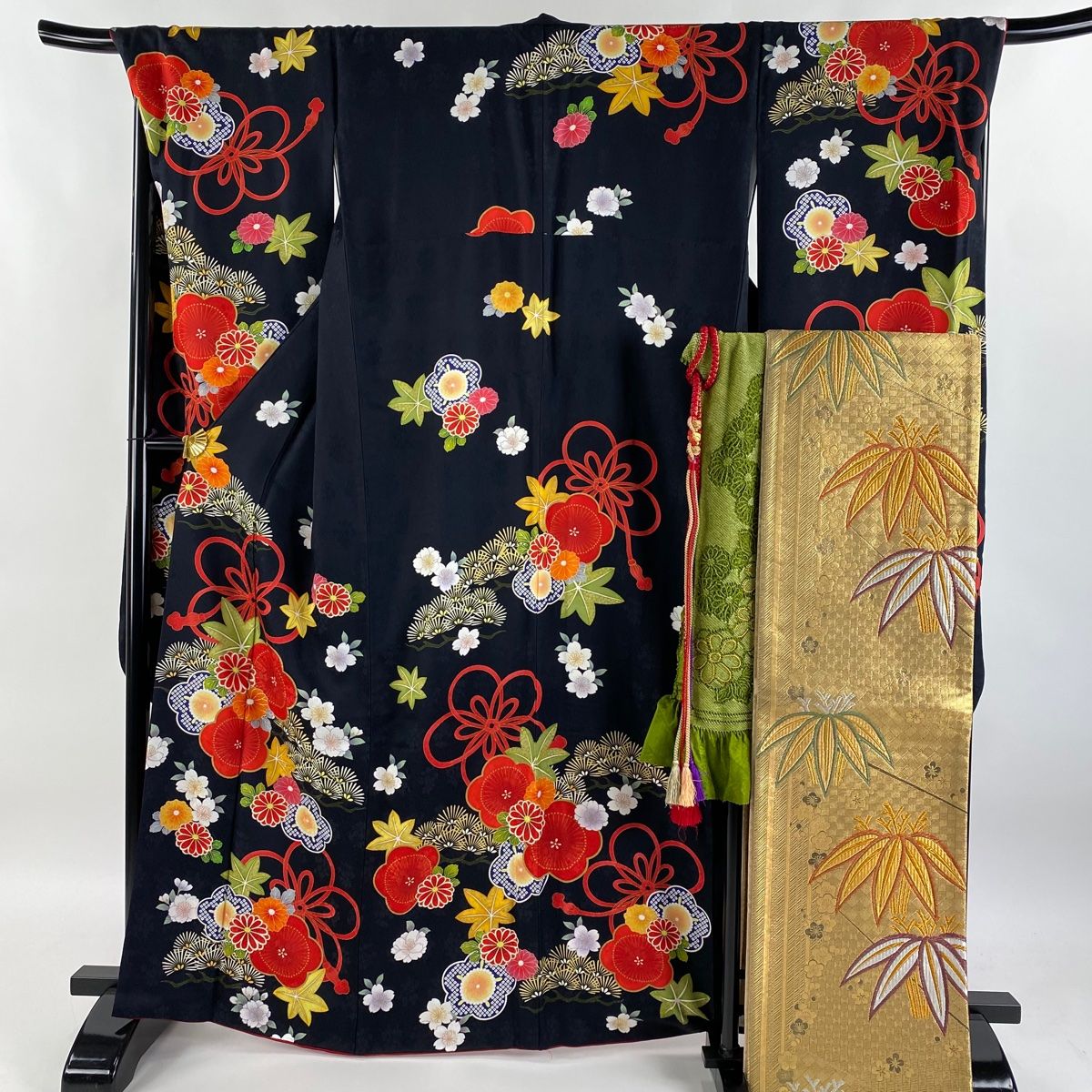 振袖 身丈164.5cm 裄丈69.5cm L 袷 袋帯フルセット 梅 組紐 金彩