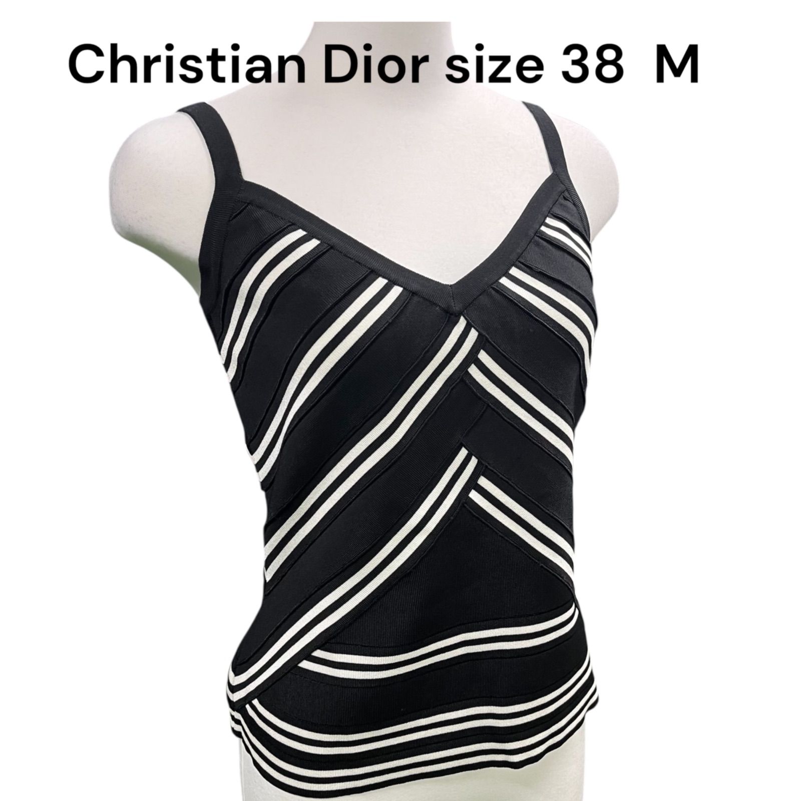 クリスチャンディオールChristian Dior 白 黒 ストライプ キャミソール size38 M S5Q200