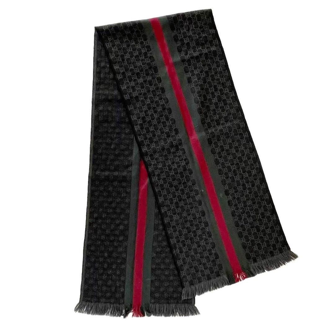 GUCCI グッチ マフラー ストール グレー ウール シルク フリンジ GG GUCCI グッチ マフラー ストール グレー ウール シルク フリンジ