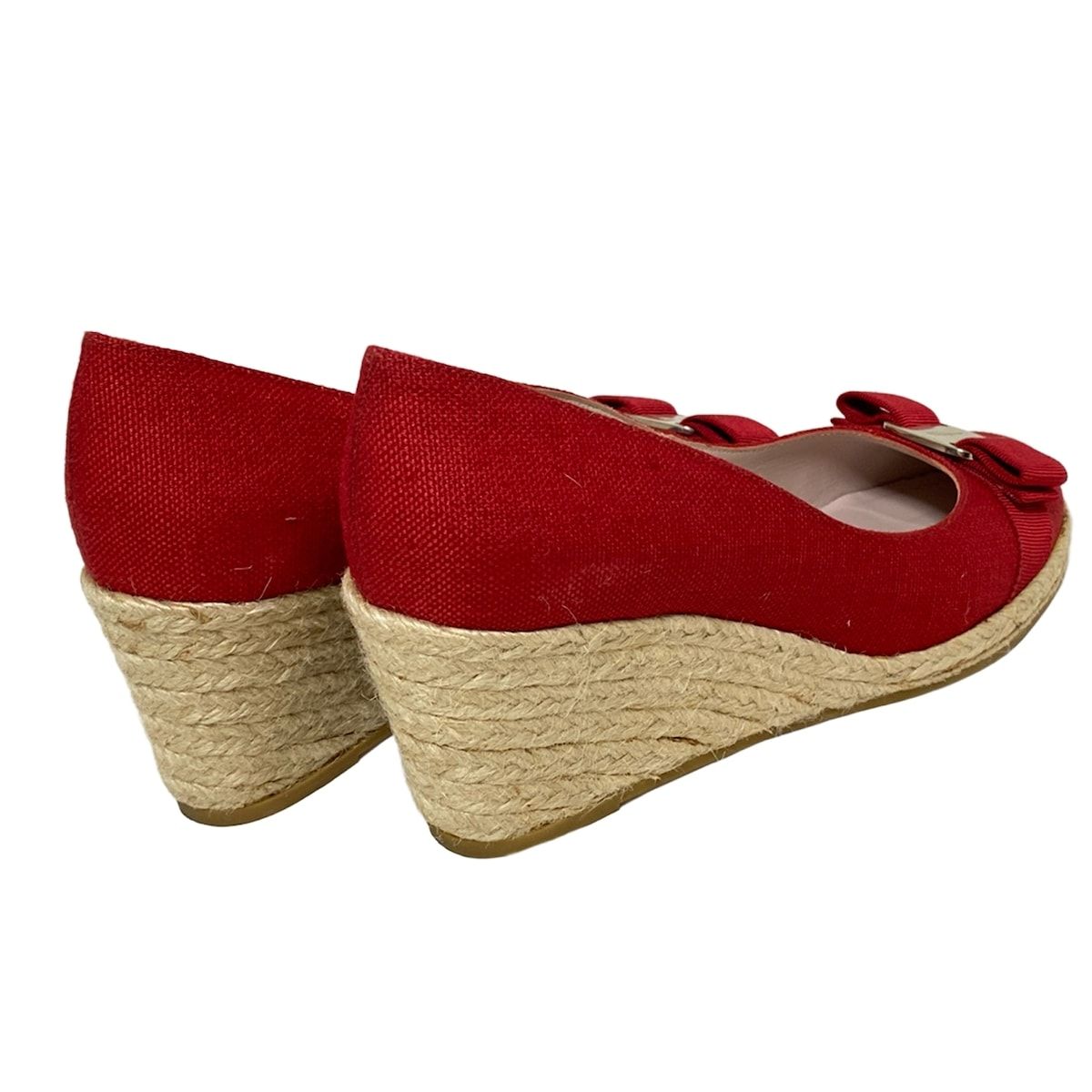  サルバトーレフェラガモ シューズ 7 1 2 C レディース - レッド×ベージュ リボン ヴァラ DARLY ウェッジソール リネン その他 靴