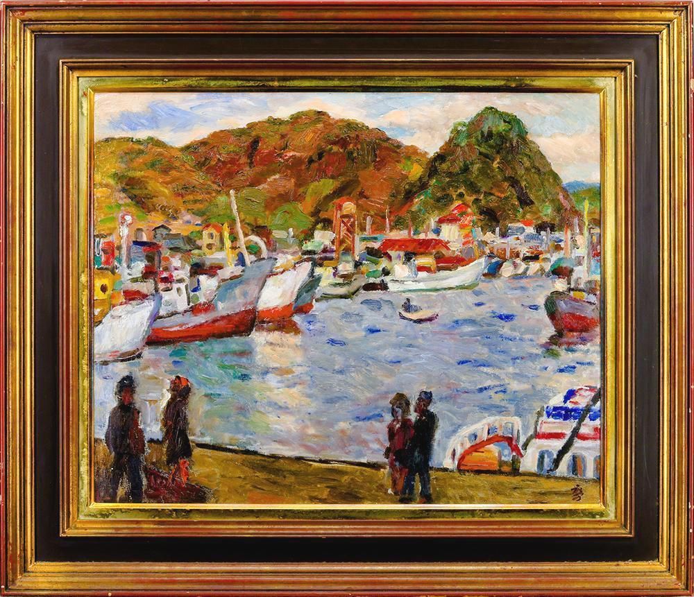 真作】【WISH】伊川鷹治「下田港朝」油彩 15号 大作 1964年作