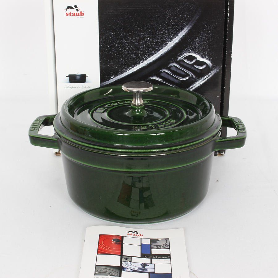 ストウブ ココット ラウンド22cm 中古品 バジルグリーン