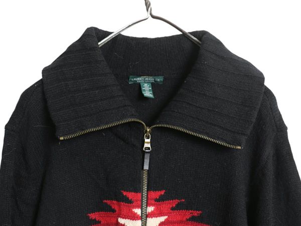 な ! 00 s ラルフローレン ネイティブ柄 ニット セーター ジャケット レディース 2 XL ウール ハイネック フルジップ 大きいサイズ 黒