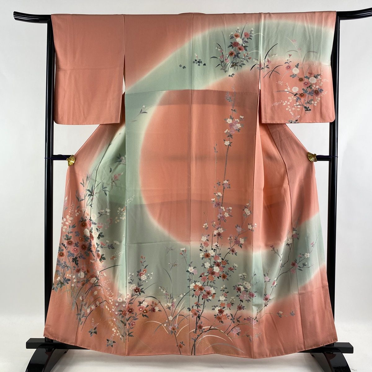 訪問着 美品 名品 落款 菊 萩 金銀彩 染め分け ピンク 袷 身丈158cm 裄