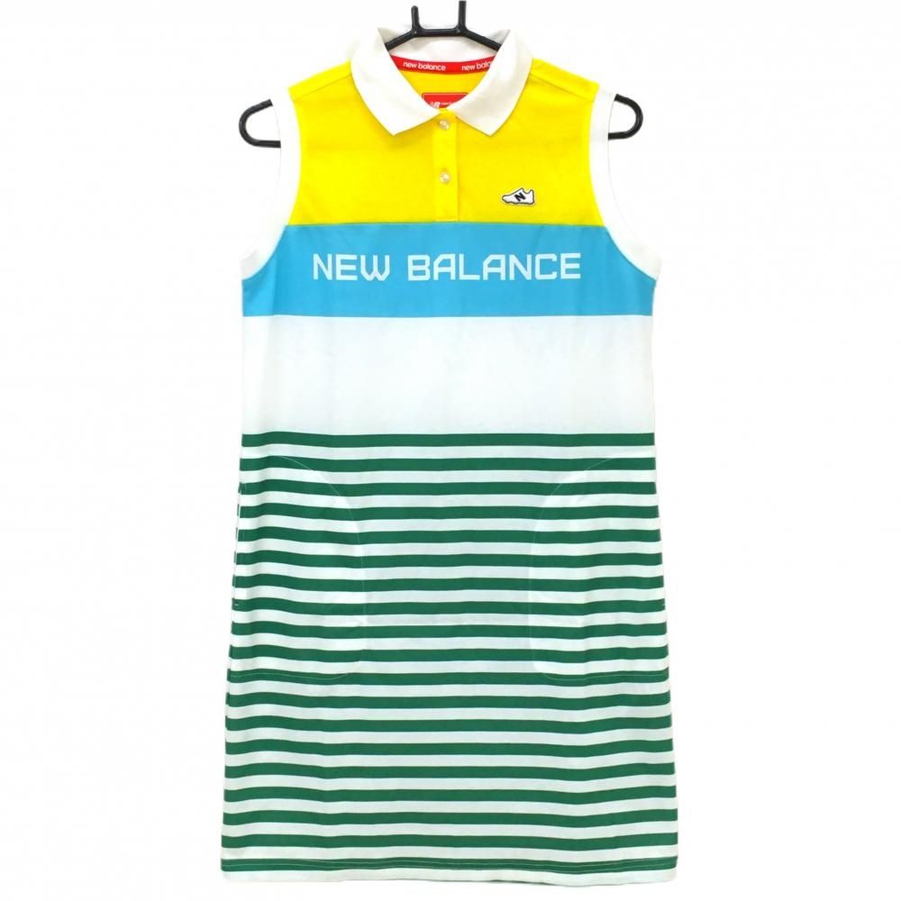 ニューバランスゴルフ ノースリーブポロワンピース 白×グリーン スカート部ボーダー レディース 1 M ゴルフウェア New Balance