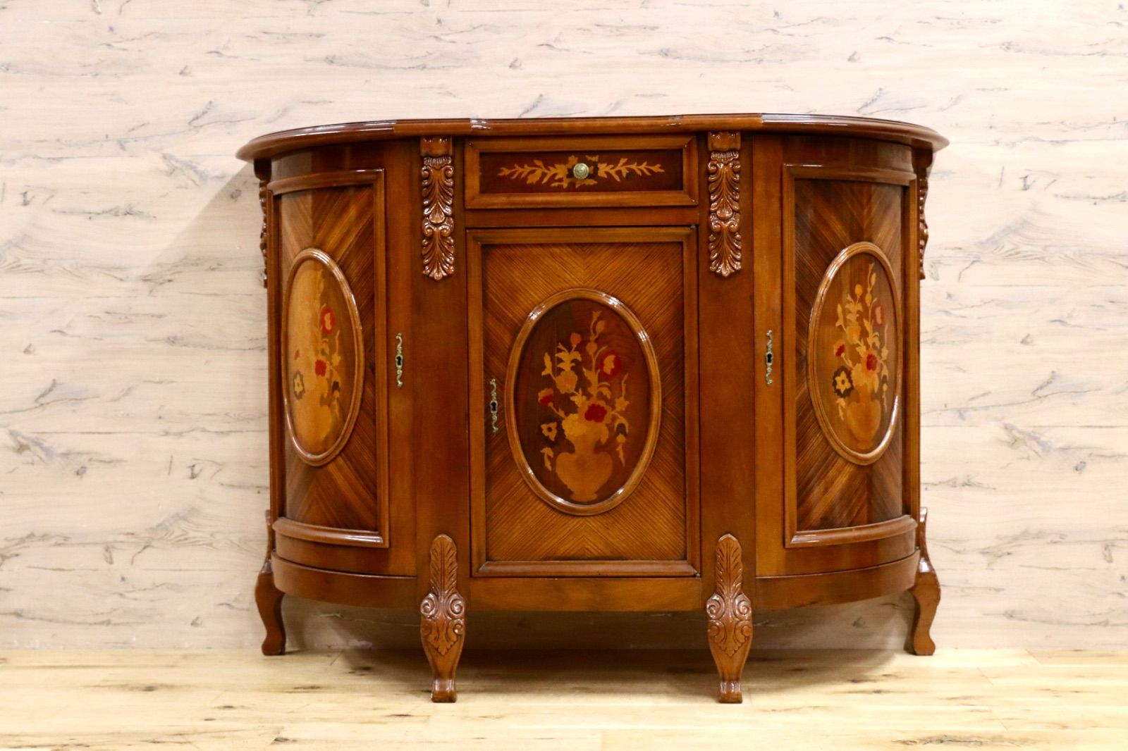 GMIH266○イタリア製 クラシック サイドボード リビングボード キャビネット 象嵌細工 西洋 ヨーロピアン チェスト アンティーク