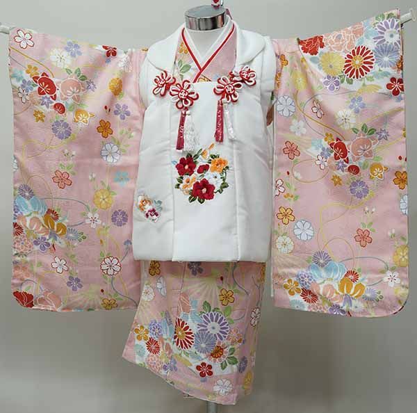 七五三 三歳 女児 被布着物フルセット 被布に刺繍入り 半衿足袋付き 花ひめ 合繊 新品（株）安田屋 京美 七五三 着物 3歳 女の子 被布セット 京都花ひめ 濃淡ピンク着物