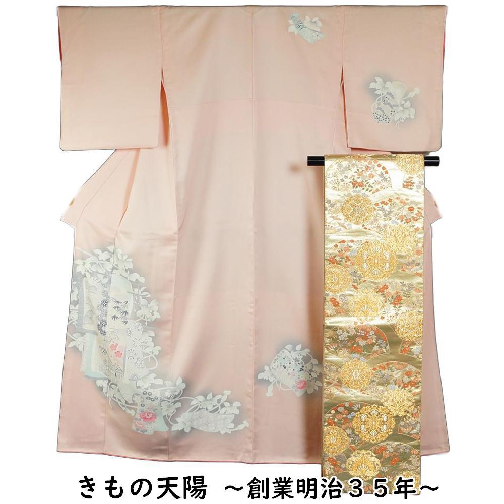着物セット 付下げ訪問着 袋帯 2点 セット 几帳に百花模様 Mサイズ 訪問着 訪問着 セット リサイクル着物 付下げ 正絹 着物 訪問着 販売