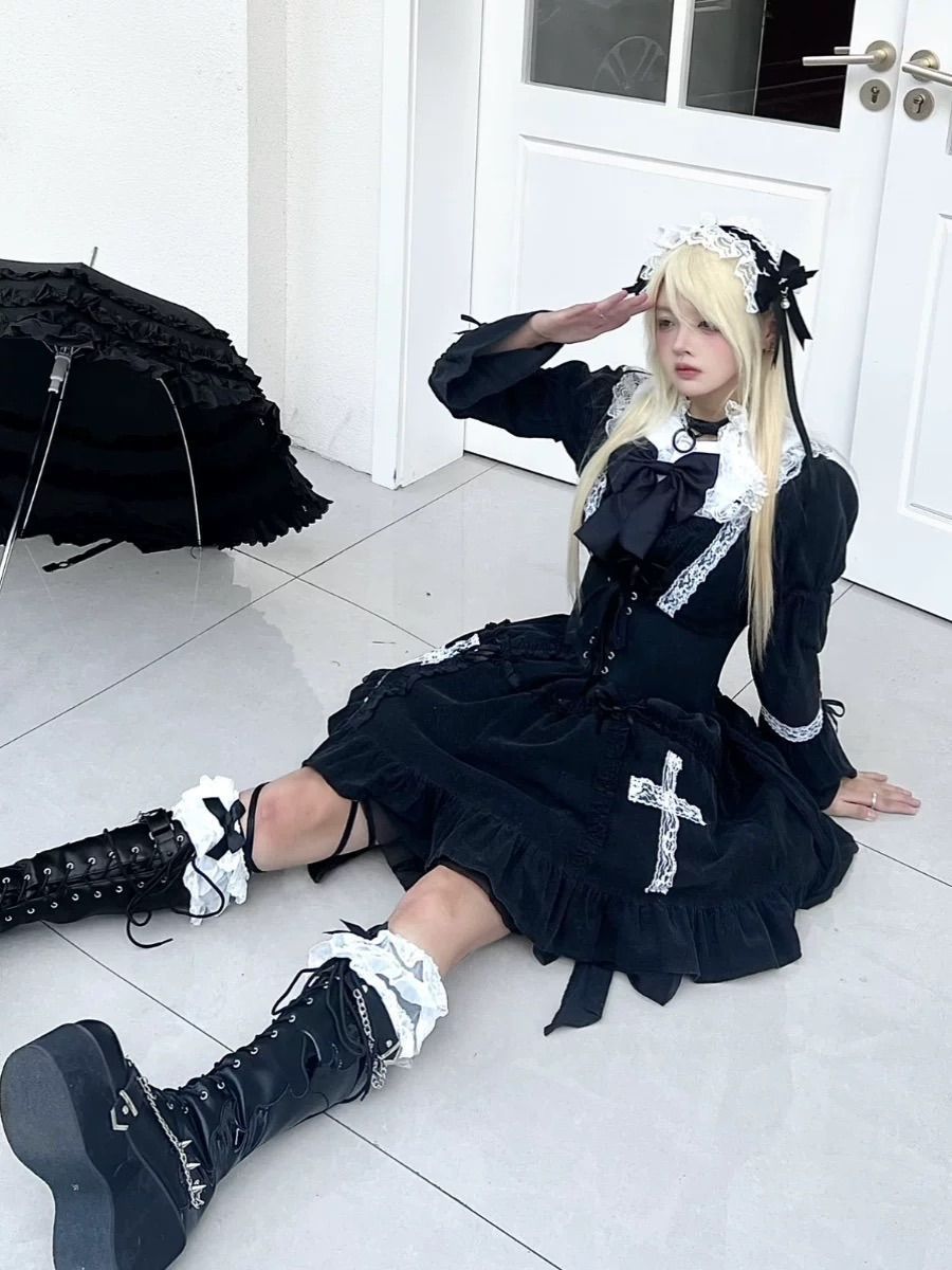 モノクロ ドレス アンティーク ロリータ ファッション ゴスロリ リボン 姫袖 華ロリ サブカル 服 ガーリー系 ドレス ロリィタ