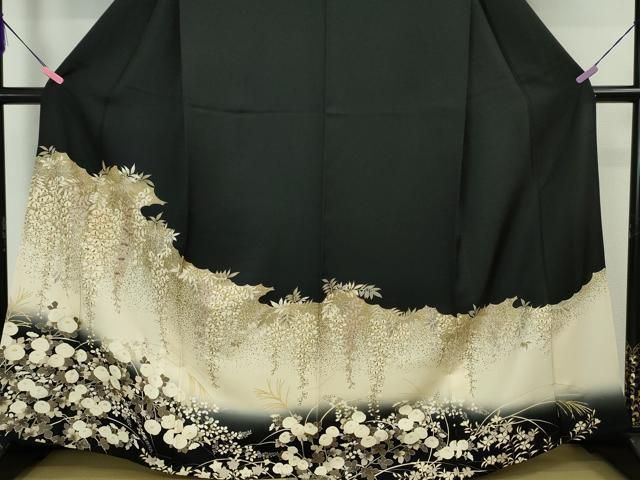 平和屋本店■極上　訪問着　単衣　駒刺繍　藤花房　饅頭菊　黒地　金彩　逸品　DZAA5018kh5 平和屋本店□極上 訪問着 単衣 駒刺繍 藤花房 饅頭菊 黒地 金彩 逸品