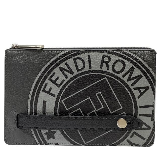 FENDI フェンディ 7VA350 ロゴ スタンプ クラッチバッグ セカンドバッグ ポーチ レザー ブラック グレー シルバー金具
