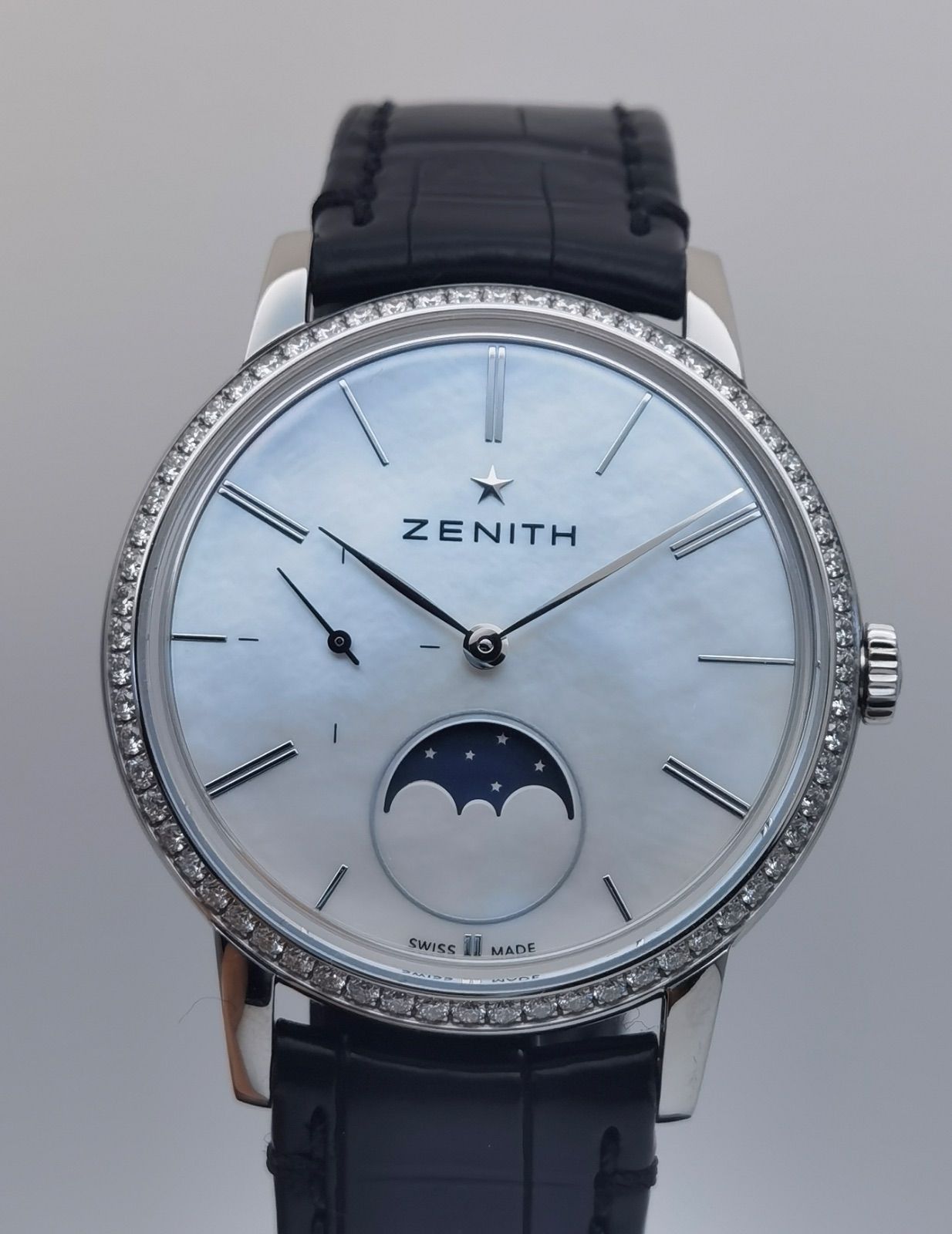 ゼニス ZENITH エリート ウルトラ シン レディ ムーンフェイズ 16.2320.692 シェル文字盤 ダイヤベゼル SS レディース 自動巻 腕時計