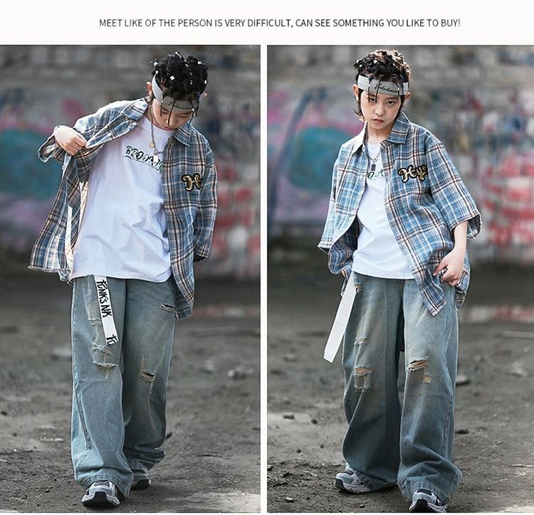 ダンス 衣装 キッズ レトロ系 子供服 シャツ チェック柄 デニムパンツ キッズ ダンス 衣装 男の子 女の子 ヒップホップ 衣装 練習着 派手