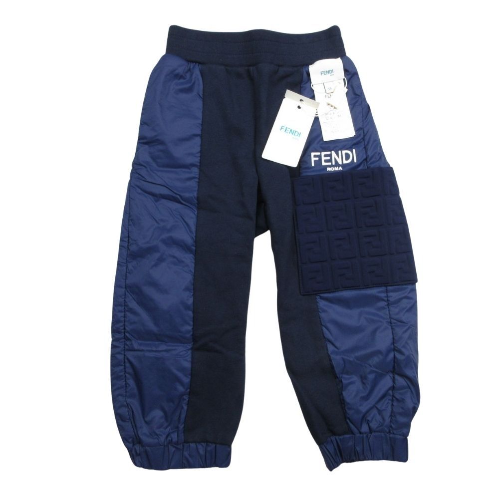 ♥ FENDI フェンディ キッズ FFポケット 中綿 ハーフナイロン スウェット パンツ イージーウエスト 3A 紺 ネイビー キッズ 古着