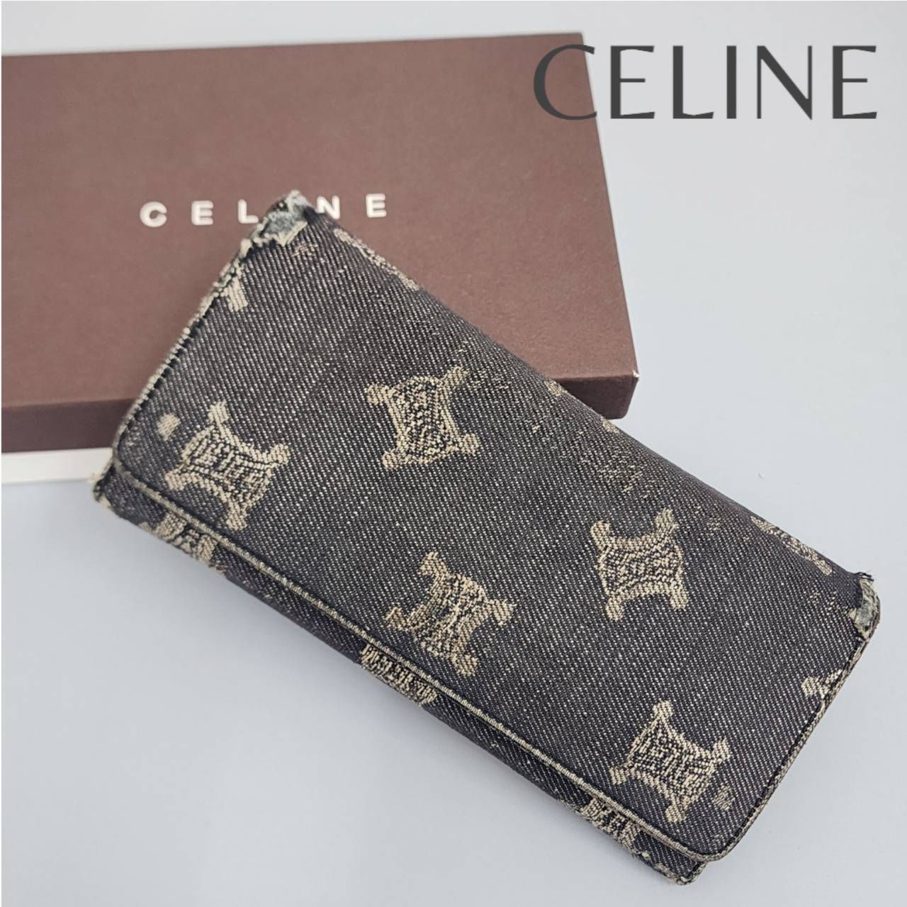 CELINE セリーヌ 二つ折り 長財布 デニム キャンバス トリオンフ 箱付き ブランド小物