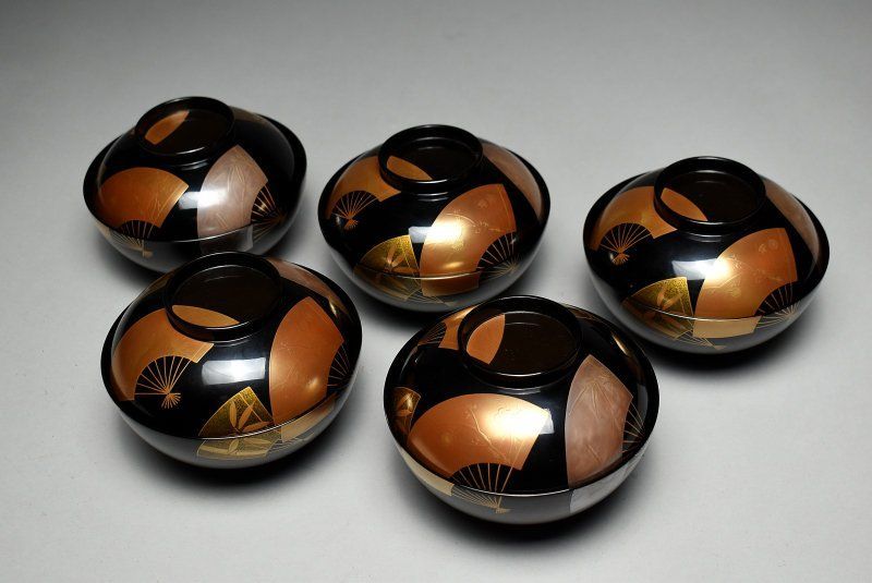 蔵A5038 能登輪島塗 金銀扇蒔絵椀 元箱