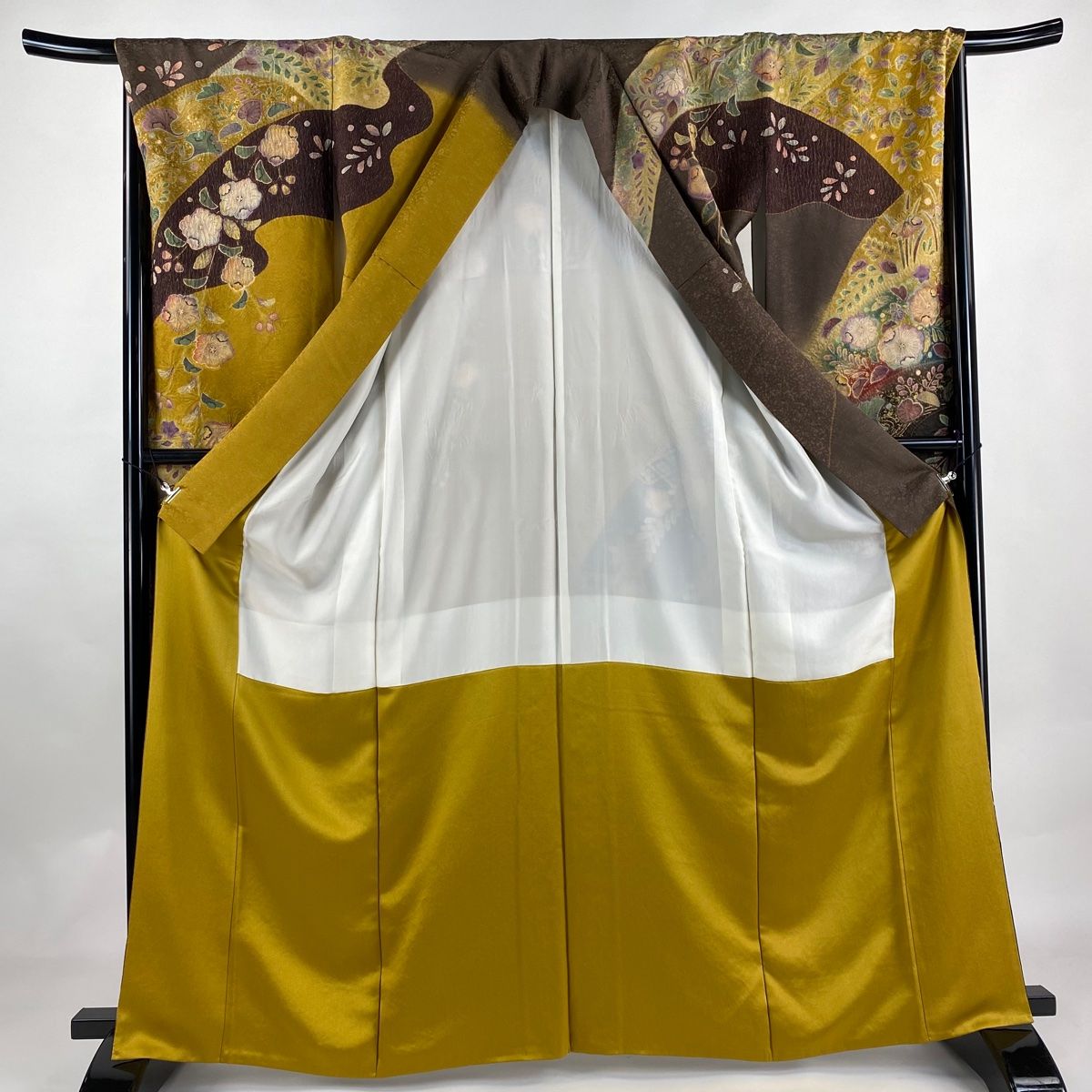 振袖 身丈163cm 裄丈68cm L 袷 辻ヶ花柄 金通し 金彩 焦茶色 正絹 美品  