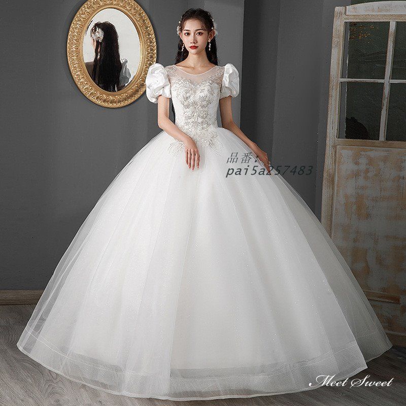 ウェディングドレス ロングドレス プリンセスラインドレス 半袖 パフスリーブ 二次会 花嫁 結婚式 ブライダル 挙式 ウエディングドレス チュール 前撮り pai5a257483