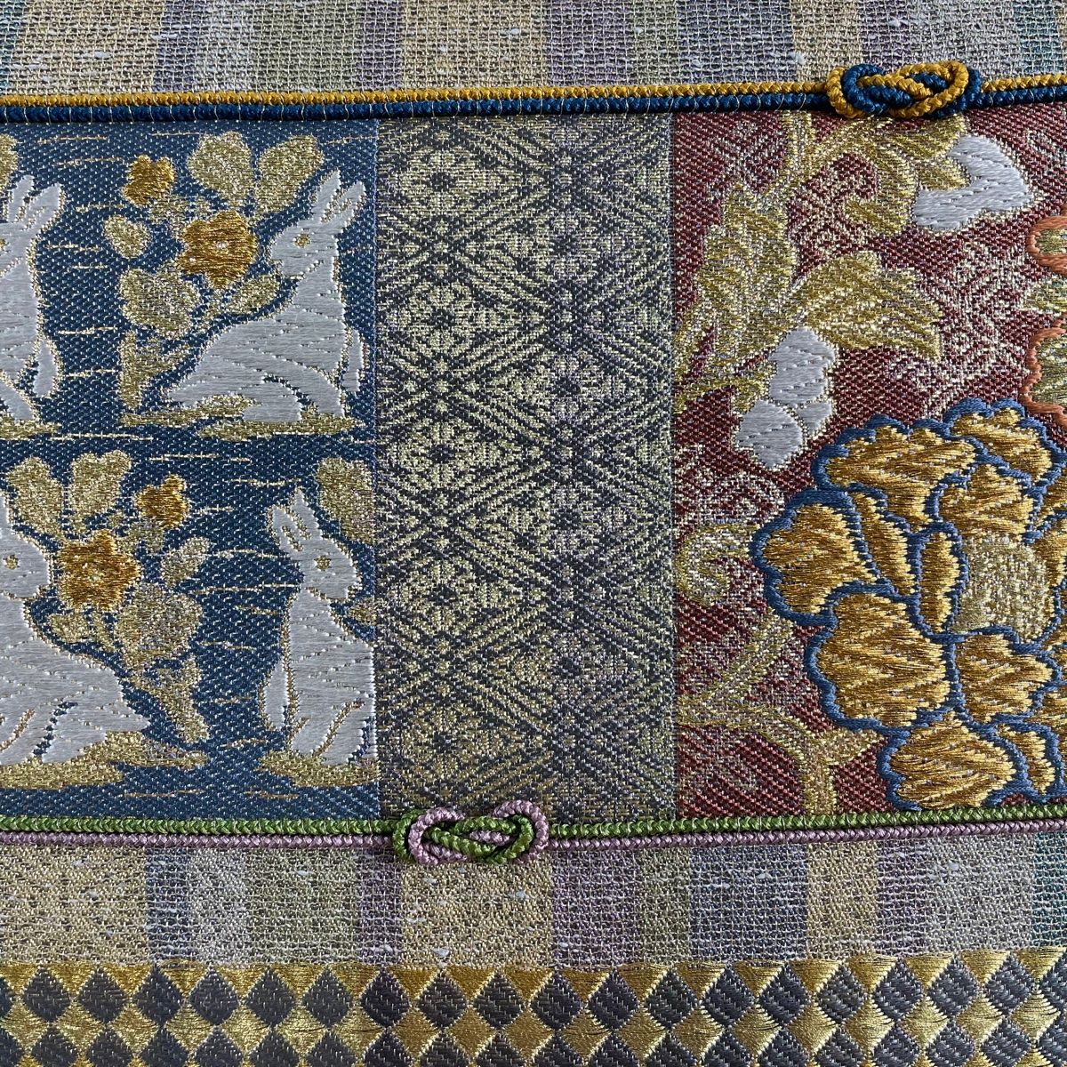 袋帯 美品 名品 花兎 牡丹 金糸 箔 灰紫 お太鼓柄 正絹 【中古