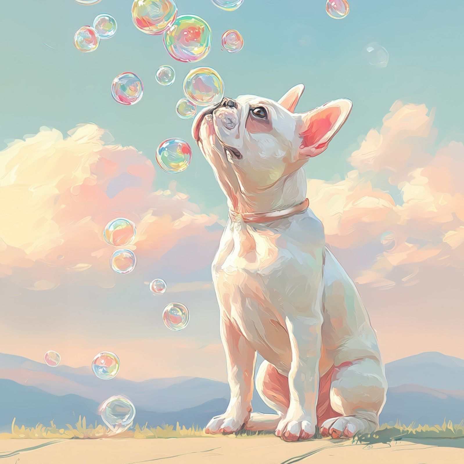 名入れOK 犬とシャボン玉 - フレンチブルドッグ犬 No.1 フレブル ホワイト アートポスター うちの子記念日 ペットロス 北欧 ナチュラル