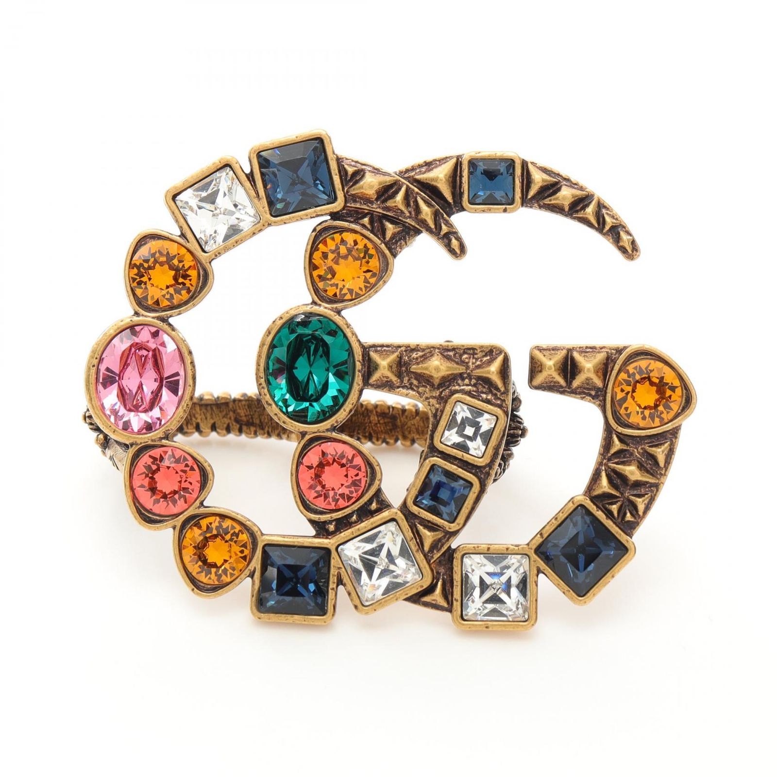 グッチ GUCCI リング 指輪 GGマーモント ビジュー ダブルフィンガー GP ゴールドメッキ ビッグ アイコン リング レディース Used A
