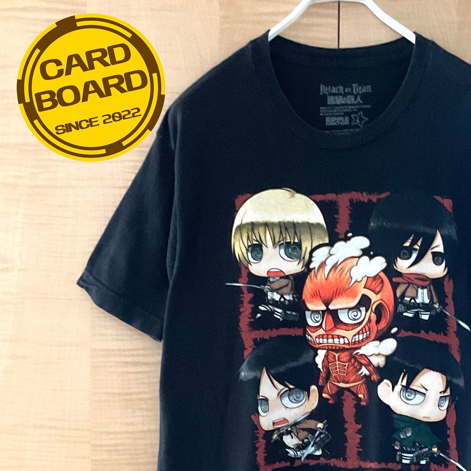 US古着 進撃の巨人 デフォルメキャラ アニメ ビッグプリント半袖tシャツ黒L