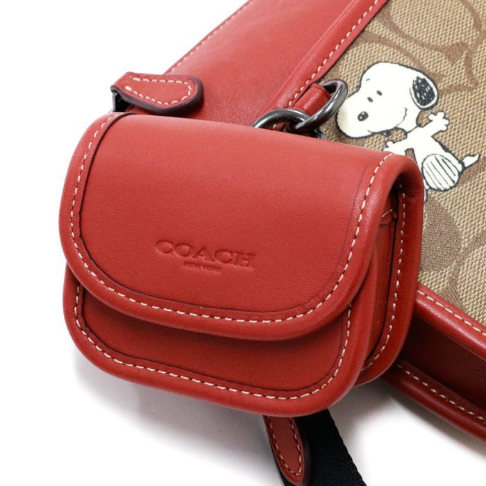 コーチ COACH ヘリテージ コンバーチブル クロスボディ シグネチャー スヌーピー ウッドストック レザー PVC CE709 ショルダーバッグ  斜め掛け ポシェット ポーチ コラボ レディース メンズ ベージュ / ブラウン 美品 中古 maq12012