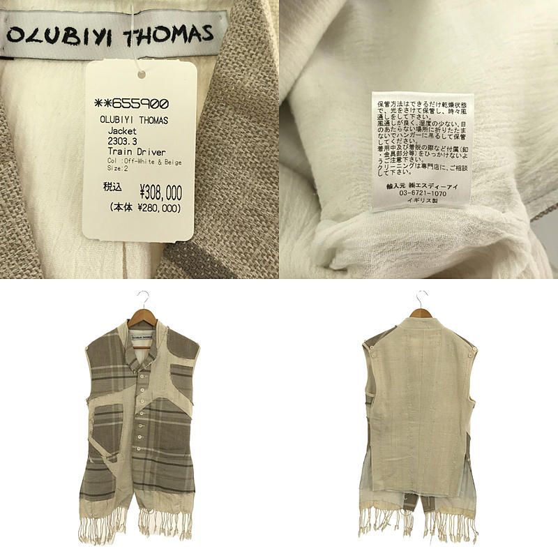 【新品】  OLUBIYI THOMAS / オルヴィトーマス | 2023SS | train d jacket with detachable sleeves チェック パッチワーク デタッチャブルスリーブ ジャケット | 2 | オフホワイト / ベージュ | メンズ OLUBIYI THOMAS / オルヴィトーマス | 2023SS | train driver jacket
