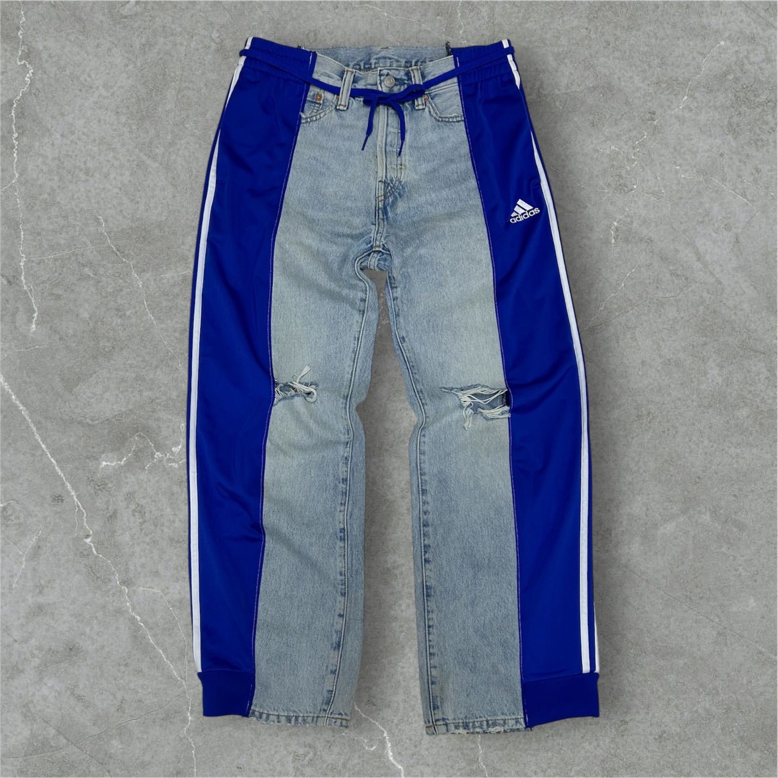 adidas トラックパンツ ダメージデニムドッキング 再構築