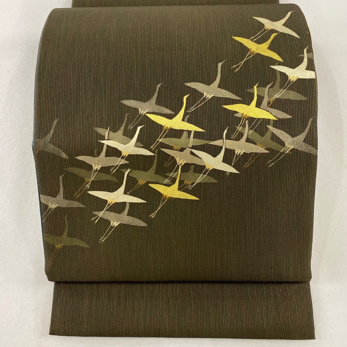 袋帯 秀品 鶴 金糸 金彩 焦茶色 お太鼓柄 正絹