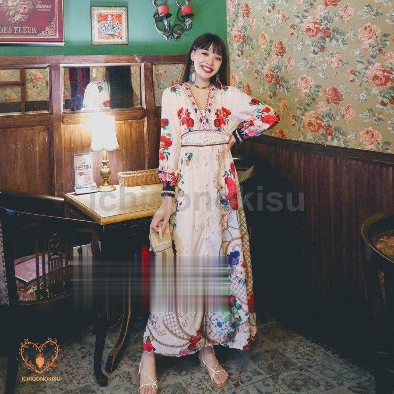ワンピース ロングワンピース レディース マキシワンピース おしゃれ ワンピ 花柄 エスニックスタイル レトロ風 春夏秋 お出かけ カジ