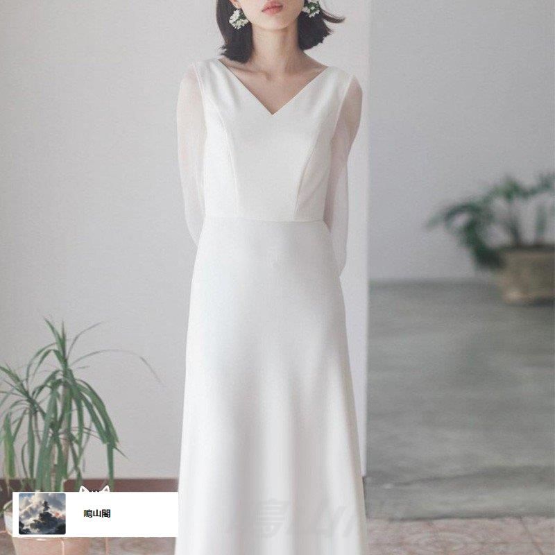 ウエディングドレス 長袖 大きいサイズ ロングドレス 結婚式 二次会 花嫁 白 スレンダーライン 袖あり Vネック シースルー シンプル クラシWP数量 価格926