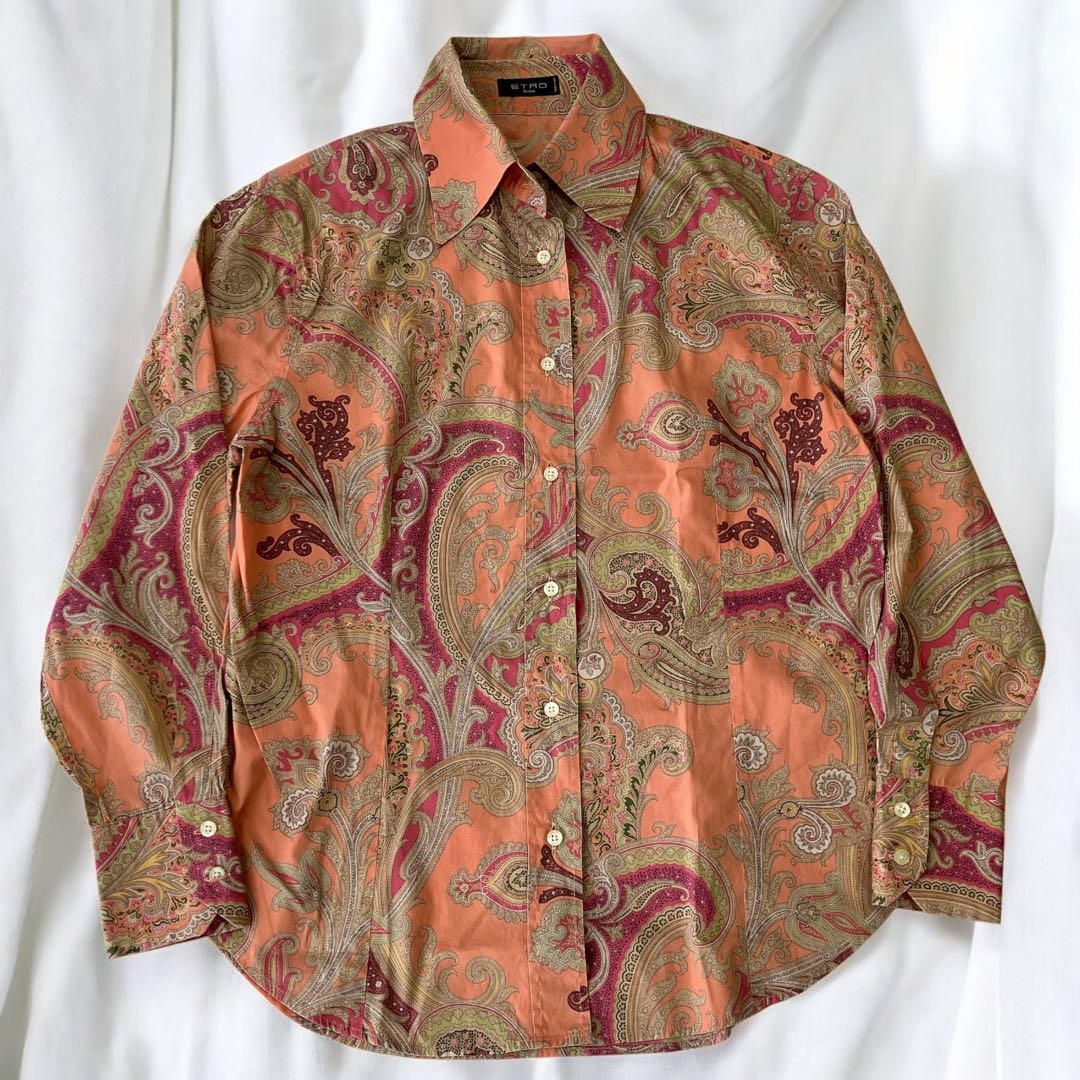ETRO ペイズリー柄 コットンブレンドシャツ オレンジ系 サイズ46 総柄