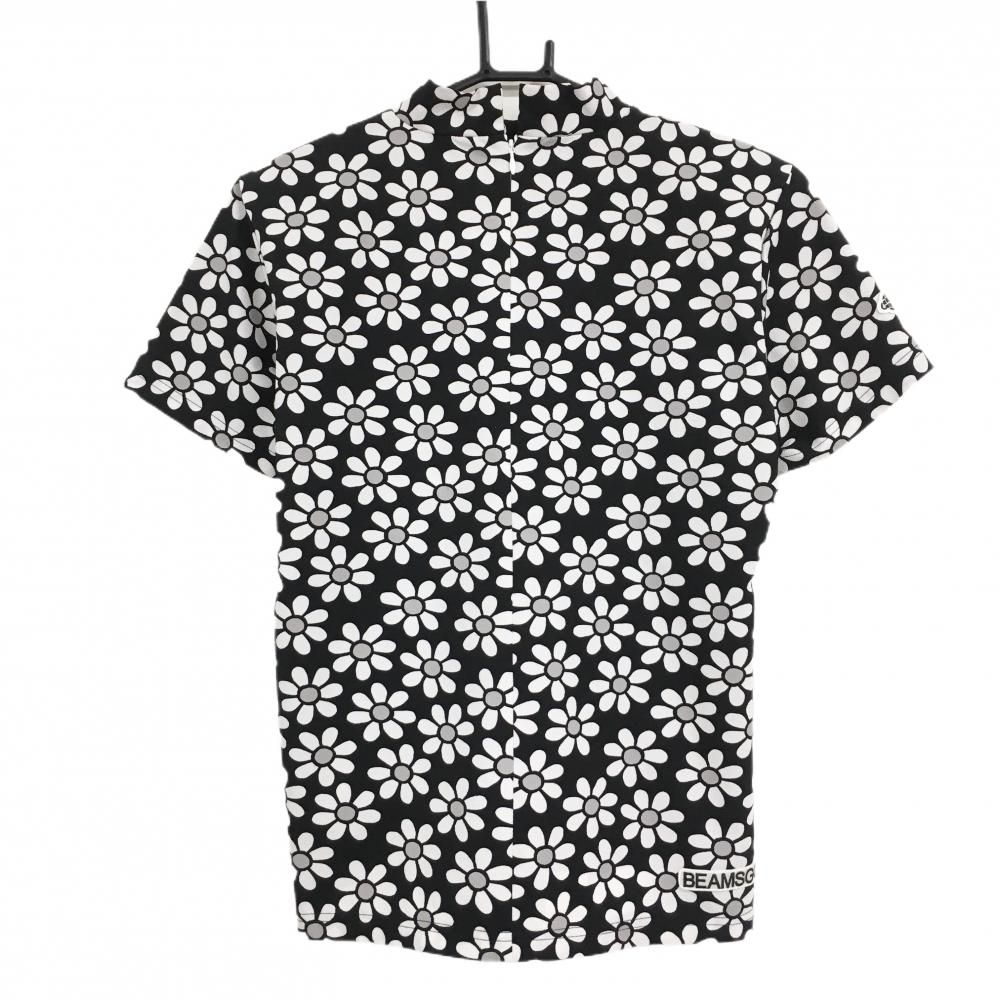 超 ビームスゴルフ 半袖ハイネックシャツ 黒×白 花柄 ロゴワッペン ネックジップ レディース L ゴルフウェア BEAMS GOLF