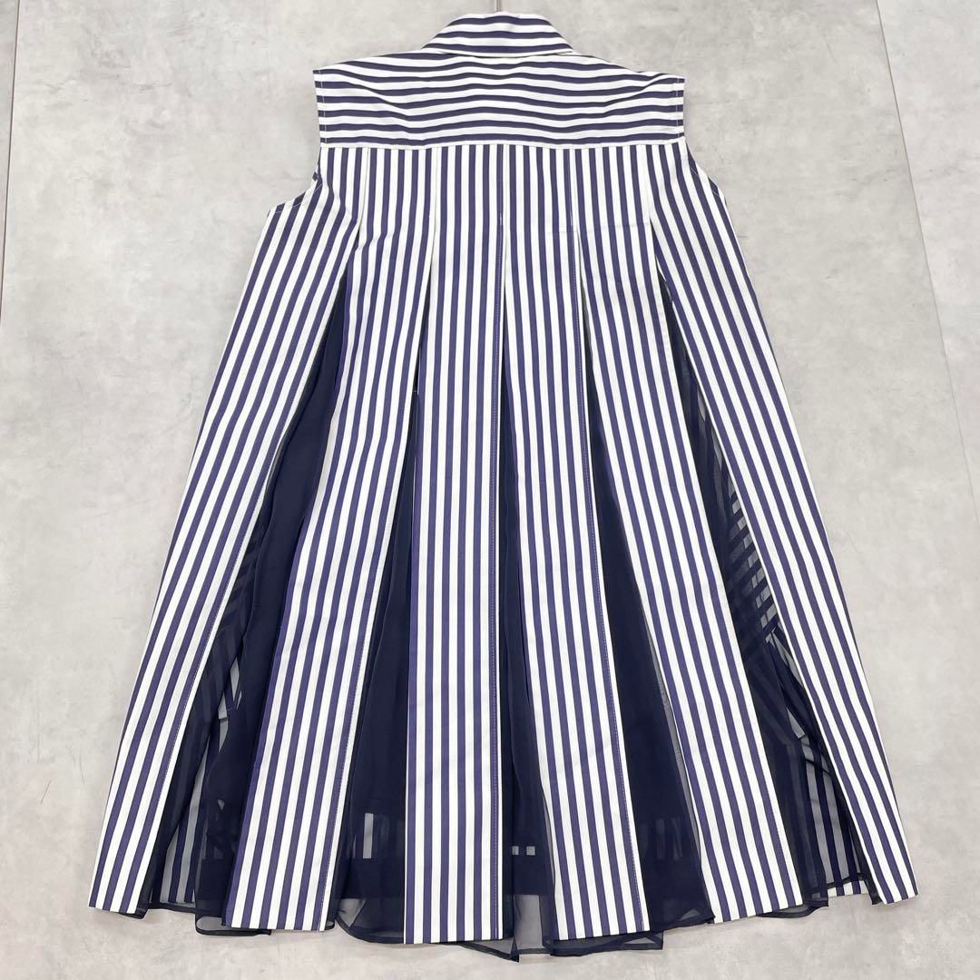 sacai サカイ 2025 シャツワンピース ノースリーブ 異素材 切替 ドッキング プリーツ ストライプ S コットン ネイビー