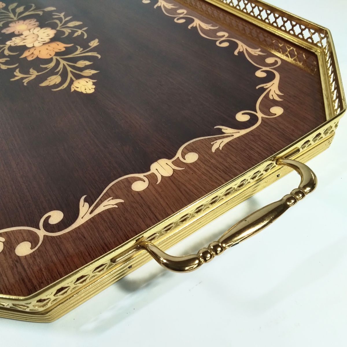 イタリア製 象嵌 アンティーク トレイ お盆 持ち手付き