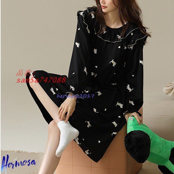 春秋 ネグリジェ レディース パジャマ ルームワンピース コットン 綿 カジュアル 薄手 肌に優しい ロング丈 犬柄 家着 長袖 ゆったり am 5 a 747088