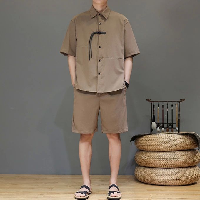 アウトドア風配色シャツハーフパンツセット ゆったり 涼感素材 半袖シャツ ハーフパンツ メンズ 夏服 涼しい 冷感 上下セット