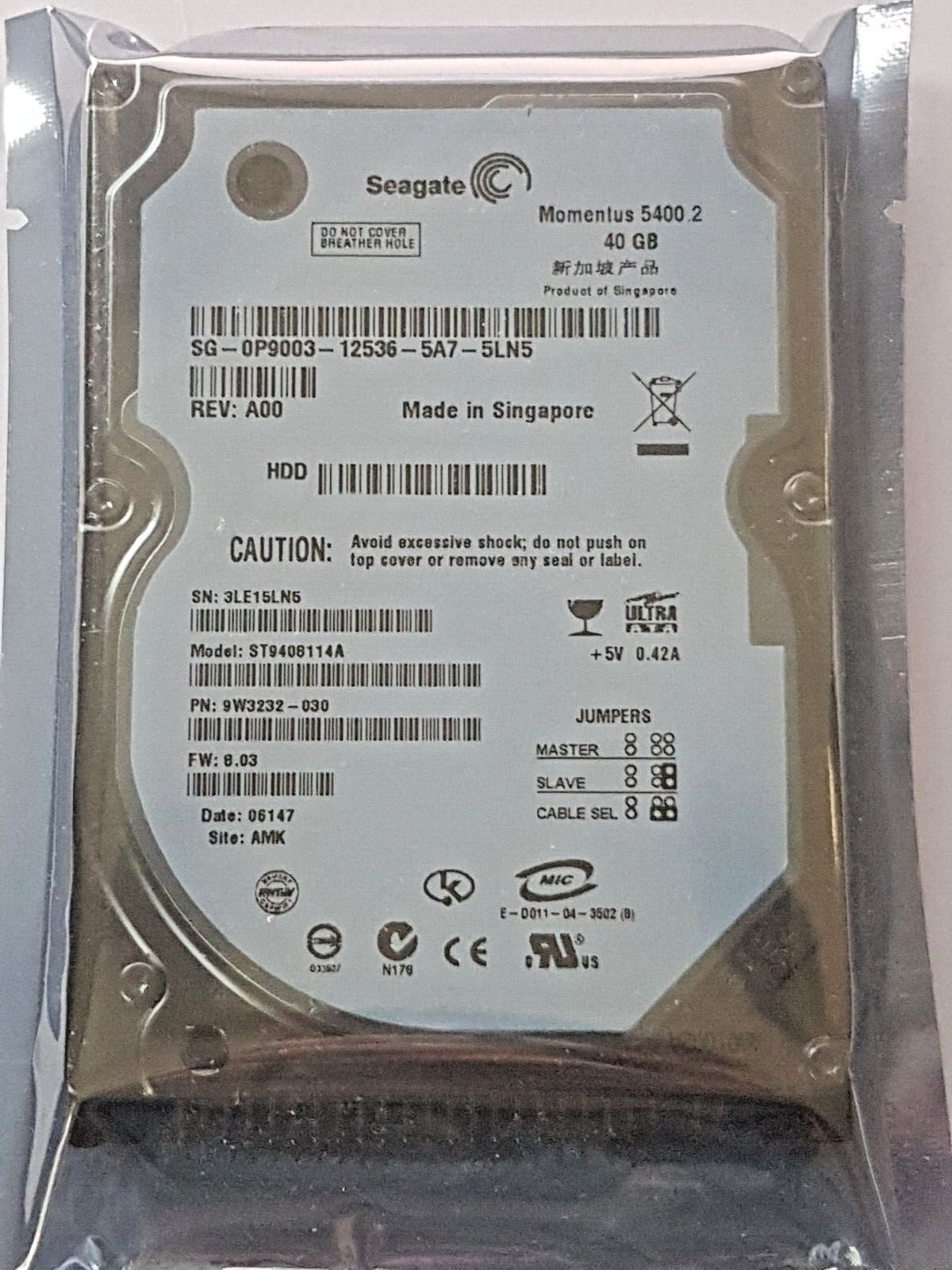 40GB IDE Seagate Moment 5400.2 ST9408114A P-ATA 8MB HDD 2.5 ハードドライブ
