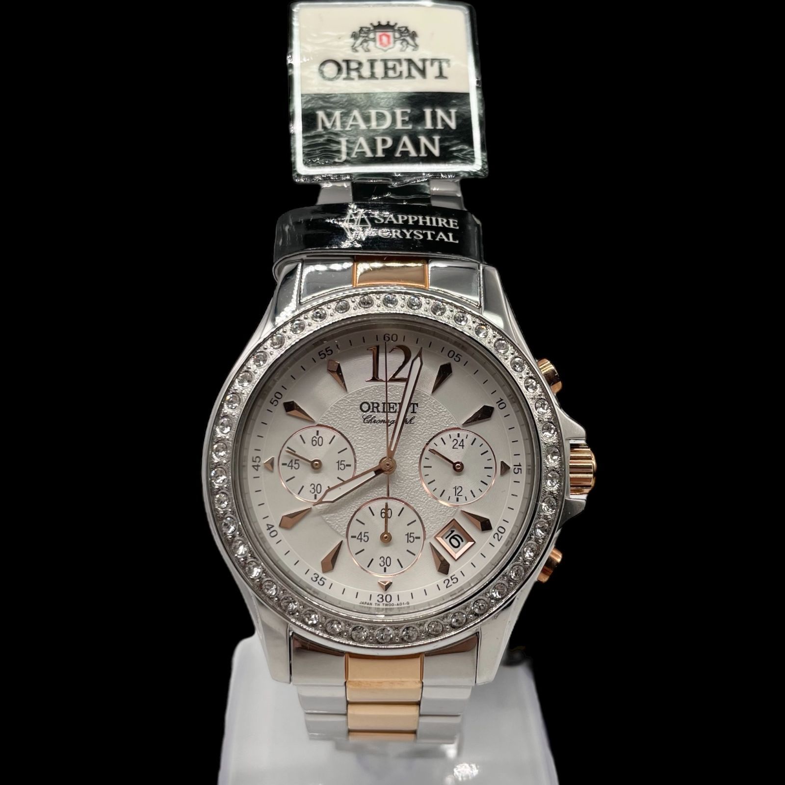 電池稼働品 ORIENT オリエント クロノグラフ コンビ 白文字盤 SS シルバー ピンクゴールド メンズ腕時計 サファイアクリスタルガラス