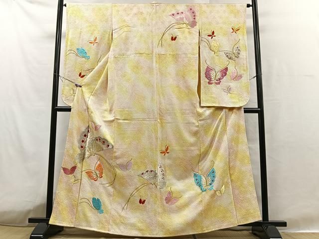 平和屋着物□小振袖 二尺袖 総刺繍 舞蝶文 暈し染め 金銀糸 正絹 逸品  