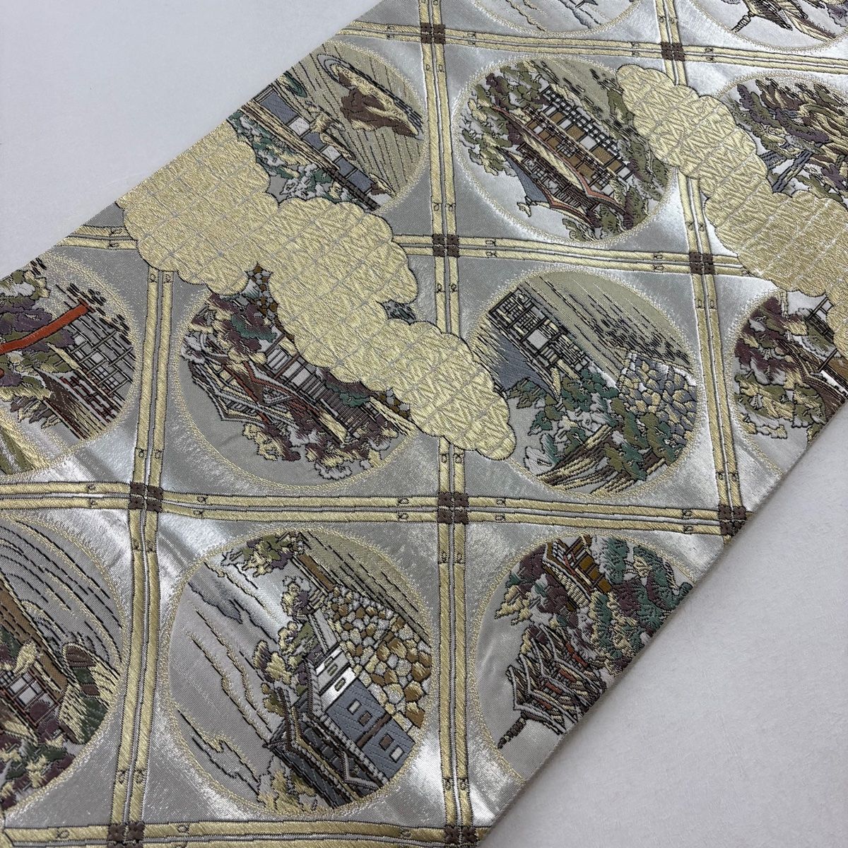 袋帯 美品 秀品 建物 雲文 金糸 箔 灰色 六通 正絹 【中古