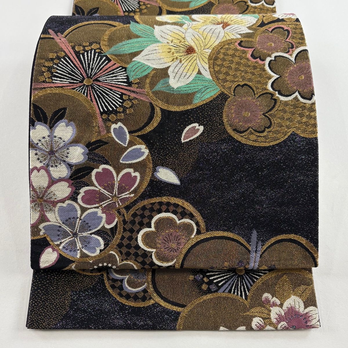 美品】 袋帯 秀品 振袖向き 草花 梅 金糸 箔 濃紫 六通 正絹