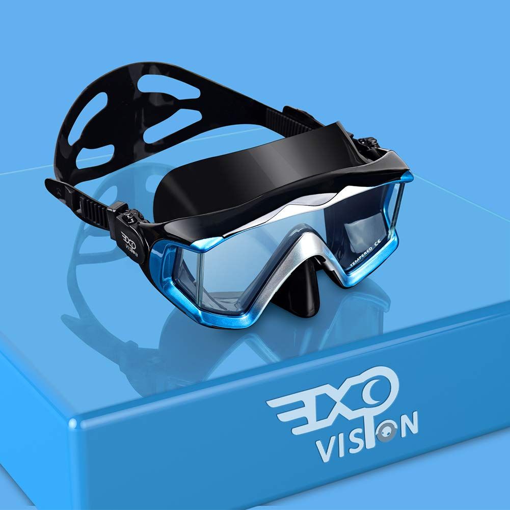 EXP VISION 大人用 Pano 3 パノラマビュー ダイビングマスク 強化ガラスレンズ スキューバ シュノーケリング ダイブマスク プレミアムスイムゴーグル ノーズカバー付き シュノーケリング フリーダイビング 水泳用 (ブルー) [ブルー]