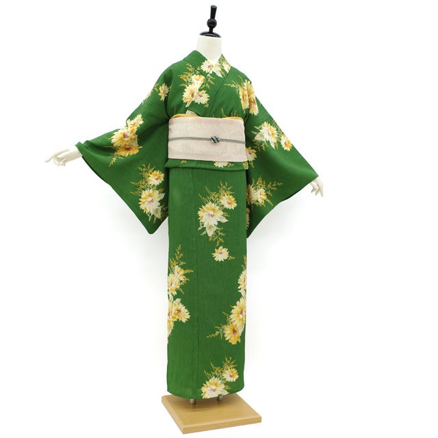 中古】 夏物 小紋 薄物 着物 単衣 縮み 緑 洋花 洗える着物
