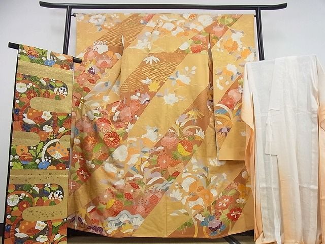 平和屋1□極上 総駒刺繍 西陣 川島織物謹製 本袋帯 立波文 黒地 金糸