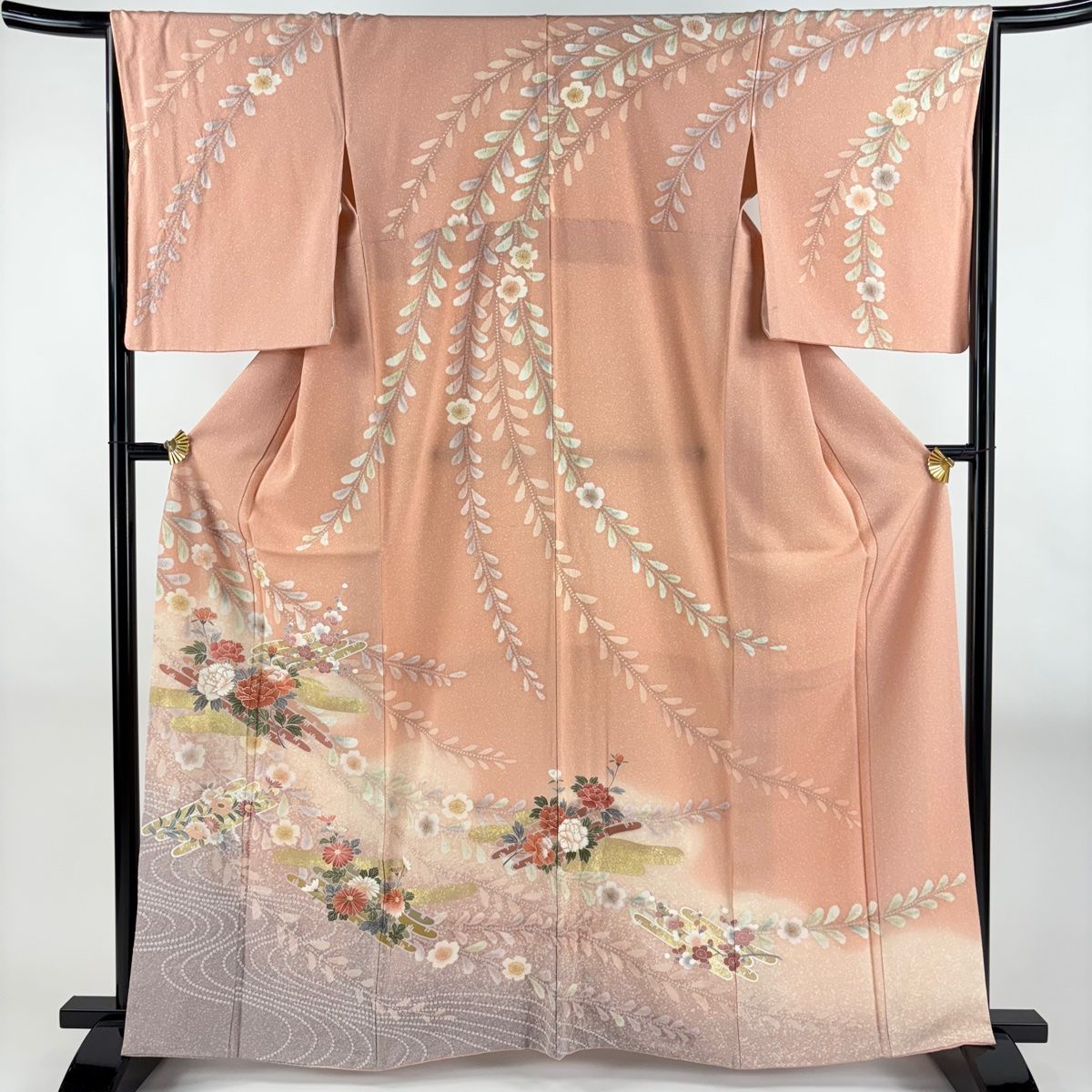 訪問着 身丈163cm 裄丈66cm M 袷 花筏 枝垂れ桜 金銀彩 ぼかし サーモンピンク 正絹