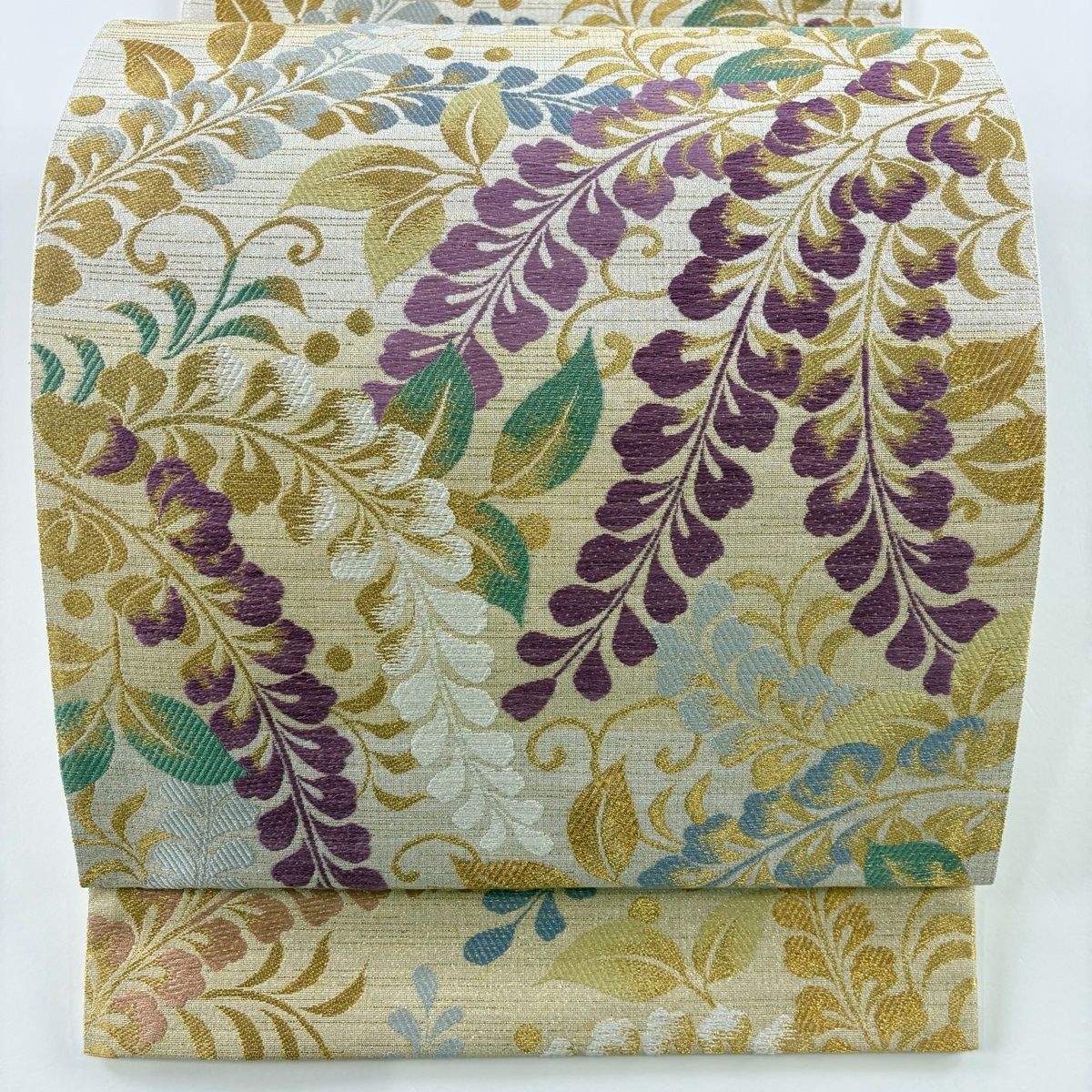 袋帯 逸品 じゅらく 落款 帝王紫 花唐草 金糸 箔 ベージュ