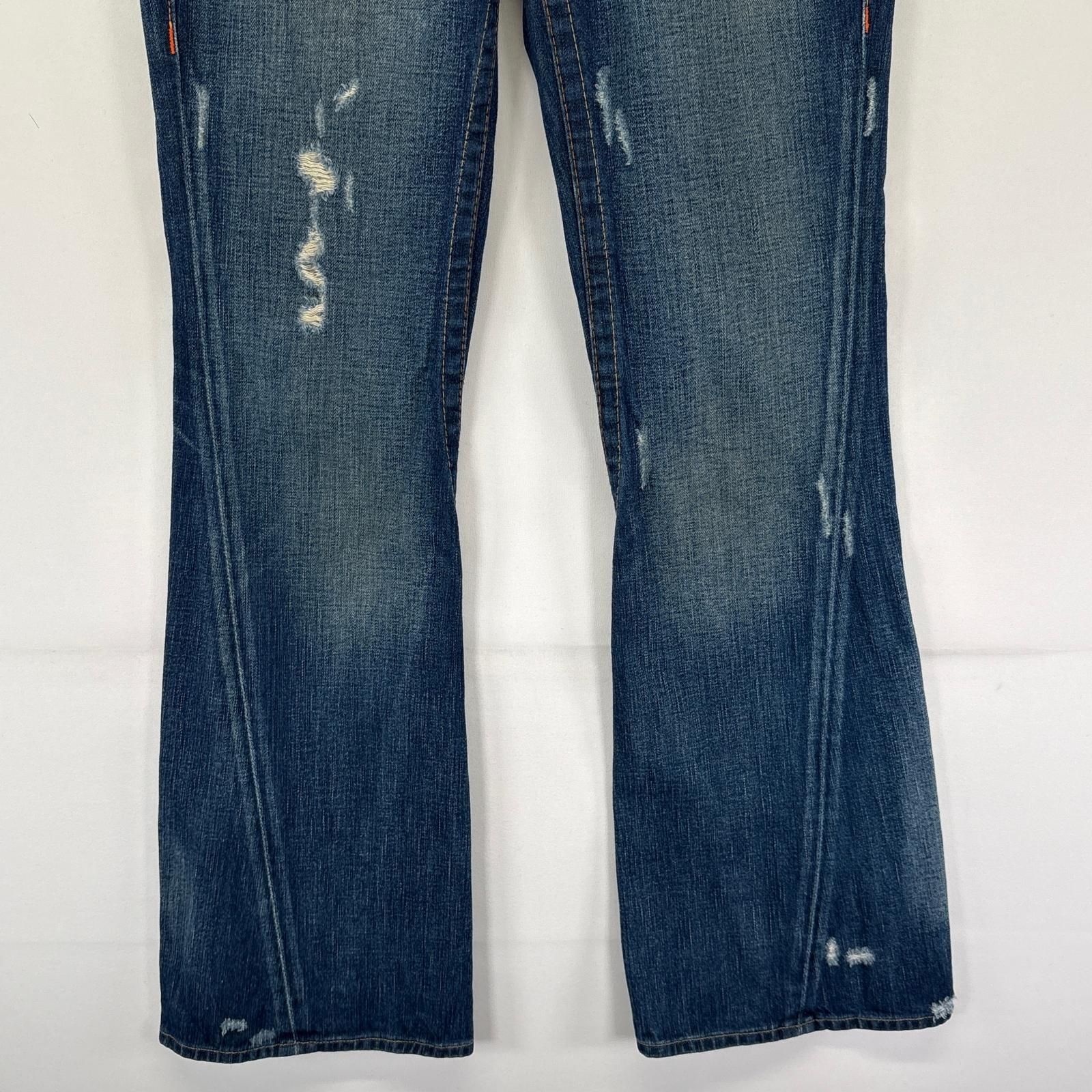 る TRUE RELIGION フレア デニムパンツ ダメージ加工 y2k USA製00s TRUE RELIGION ワイドフレアダメージジーンズ Y2K
